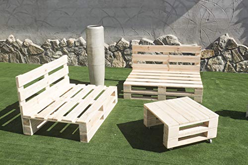 Conjunto 2X Sofá Palets 12Ox80 cm 1x Mesa 80x50 cm. Hecho en España. Lijado Y Cepillado -Interior/Exterior Nuevo-Natural. Vista conjunto 2 sillones y mesa den jardín. Palets Talavera SL.