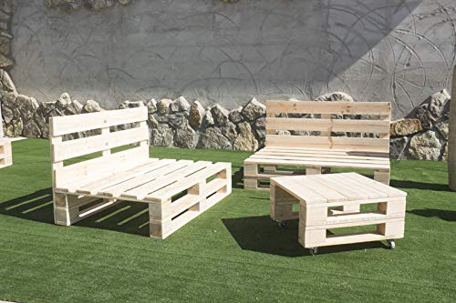 Conjunto 2X Sofá Palets 12Ox80 cm 1x Mesa 80x50 cm. Hecho en España. Lijado Y Cepillado -Interior/Exterior Nuevo-Natural. Vista en jardín de sillones y mesita baja. Palets Talavera SL.