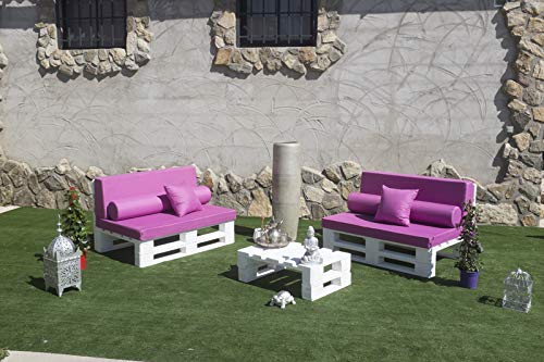 Conjunto 2X Sofá Palets 12Ox80 cm 1x Mesa 80x50 cm. Hecho en España. Lijado Y Cepillado -Interior/Exterior Nuevo-Natural. Vista genaral Vista con cojines. Palets Talavera SL.