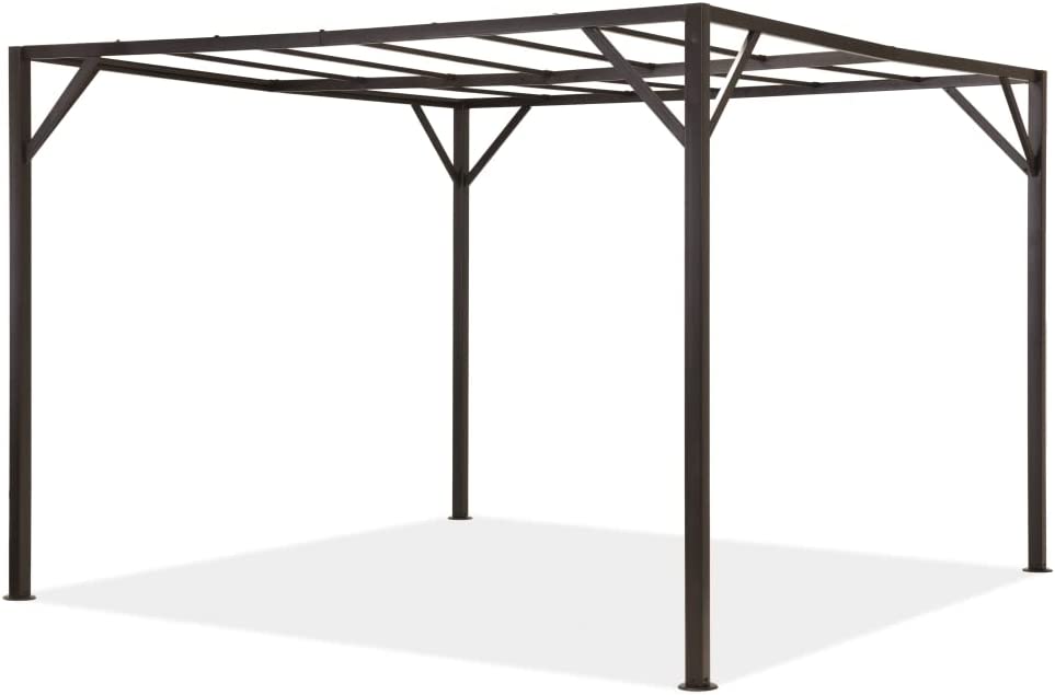 Vista general de la estructura de la Pérgola metálica Santorini, 3x3m Montaje Fácil, Color Chocolate. Garden Point