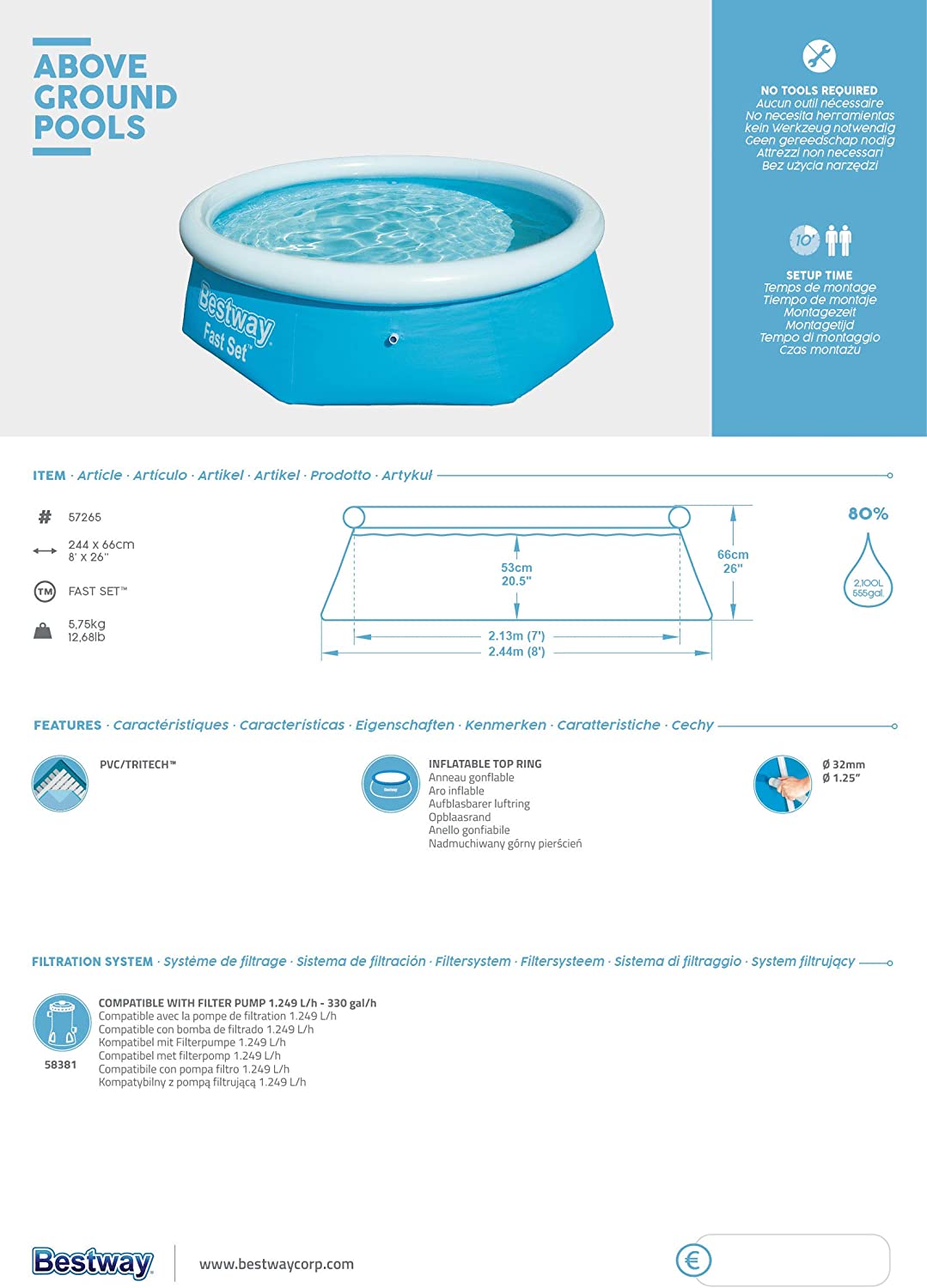 Características y medidas de Piscina inflable Desmontable Autoportante con válvula de drenaje, 244x66 cm 【2.300 litros】FastSet Pool. Bestway