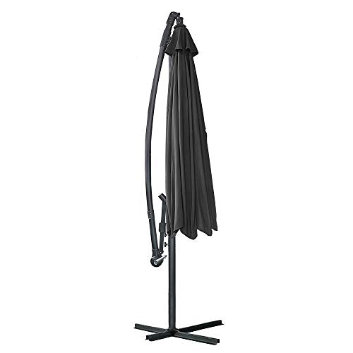 Aspecto plegado de la Sombrilla Parasol Mástil de Aluminio y 100% Poliester Ø 350cm Tela protección UV 40 + y Impermeable para Jardín o Terraza, Gris Oscuro. HENGMEI