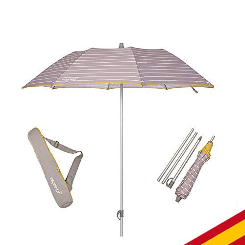 Sombrilla de playa de aluminio ligero y plegable de 155cm con Protección solar UPF 50+. Estampado a rayas color blanco y rodeno o azul. Incluye funda de transporte. Hecho en España por EZPELETA