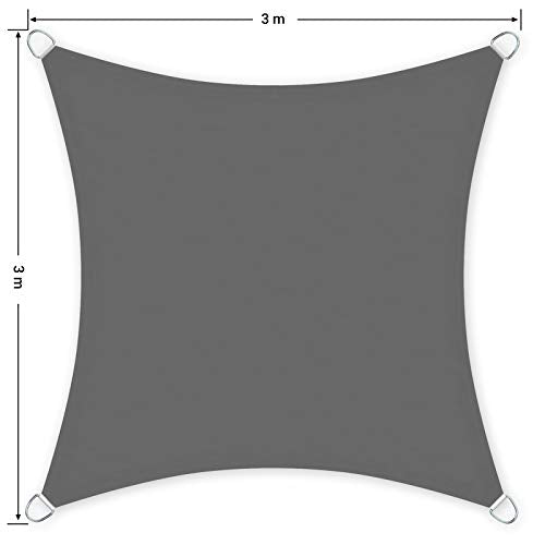 Medidas del Toldo Vela de Sombra 3x3 m para Jardín, Resistente a la Intemperie Protección Solar, PES Poliéster, 93% Bloque UV, Gris Antracita GSH33GYV1. SONGMICS