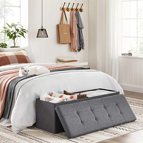 Banco con Almacenamiento grande. Cofre Puff Otomana, Plegable, Carga Estática Máx. 300 kg, 120 L, 110 x 38 x 38 cm, Imitación Lino, Gris Oscuro LSF77K. SONGMICS