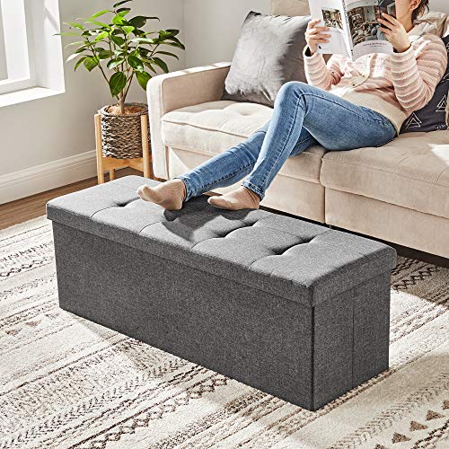 Banco con Almacenamiento grande. Cofre Puff Otomana, Plegable, Carga Estática Máx. 300 kg, 120 L, 110 x 38 x 38 cm, Imitación Lino, Gris Oscuro LSF77K. SONGMICS