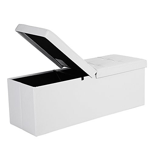 Baúl Puff Taburete para almacenaje Plegable Carga Máxima de 300 kg Blanco 110 x 38 x 38 cm. Packaging. Vista general con tapa abierta. LSF75WT. SONGMICS
