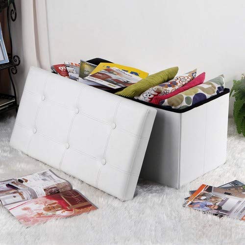 Vista en salón para guardar cojines o revistas en el Banco con asiento y almacenaje plegable Puff Carga máxima de 300 kg Blanco, 76 x 38 x 38 cm. LSF106. Songmics