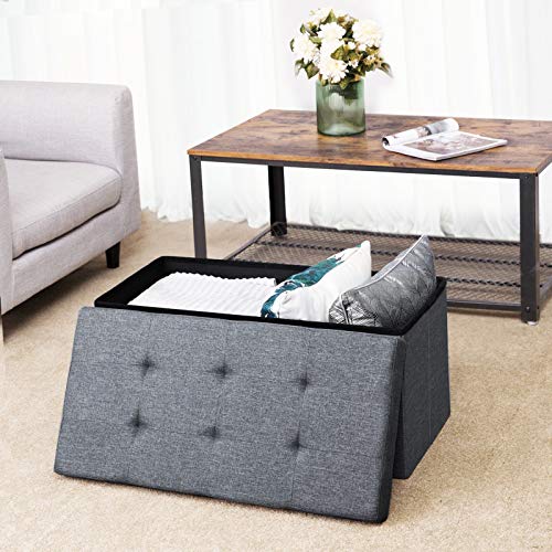Vista en salita con el Taburete Plegable para almacenaje Lino Gris oscuro. 76 x 38 x 38 cm LSF47K. Songmics