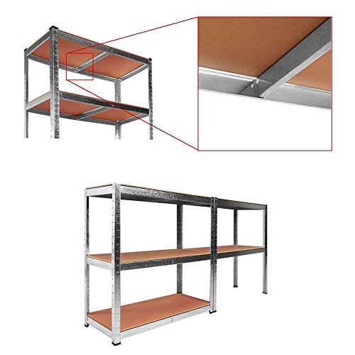 Detalle de refuerzo de balda y composición banco de trabajo de de Estantería Metálica Galvanizada para Garaje o desván hasta 875 kg 5 Baldas 180 x 90 x 40 cm. OcioDual