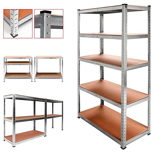Vista general 3 composiciones y características de Estantería Metálica Galvanizada para Garaje o desván hasta 875 kg 5 Baldas 180 x 90 x 40 cm. OcioDual