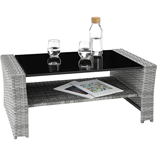 Conjunto de Ratán, 1 Sofá 2 Sillones con 2 Taburetes, 1 Mesa, Protección UV, Estructura de Acero, con Cojines Impermeables (Gris Claro. Vista de mesita. | No. 403718). 800719. TecTake