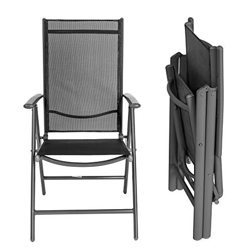 Vista plegada y desplegada de Juego de Aluminio 2 Sillas de jardín plegable con reposabrazos disponible en diferentes colores y diversas cantidades - (Antracita | 2 Sillas | no. 401633). TecTake