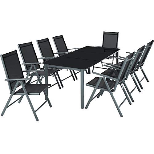 Conjunto Muebles Aluminio para Jardín 8 Silla Ajustable + 1 Mesa Cristal terraza Gris Oscuro. Vista de conjunto. | No. 402164). TecTake