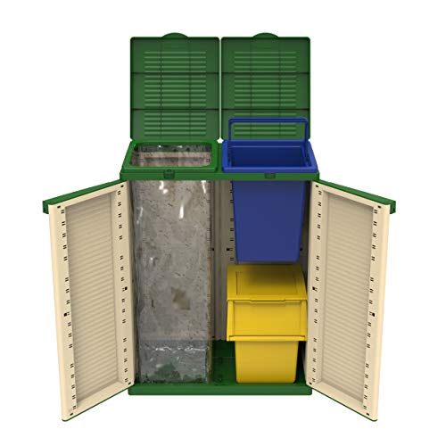 Vista frontal puertas abiertas con detalle de interior con cubos de Cubo eco para separación de residuos con 2 compartimentos de 110 litros cada uno. 43560. Terry.