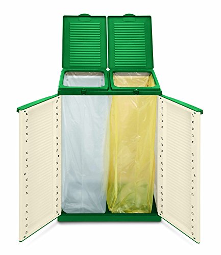Puertas y tapas abiertas de Cubo eco para separación de residuos con 2 compartimentos de 110 litros cada uno . 43560. Terry