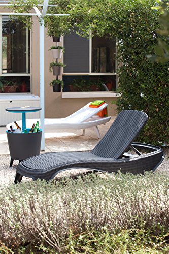 Tumbona para jardín de bonito diseño Keter Atlantic color grafito de rattan. Detalle en ambiente al aire libre