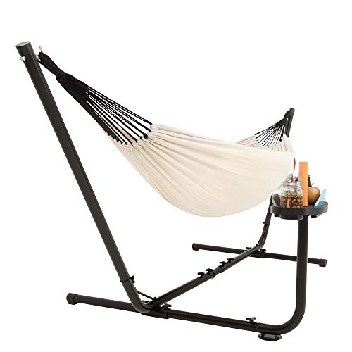 Vista general de la Hamaca con Soporte para 2 Personas con Estante para Colocar Vasos. Soporta hasta 205 kg . 241 x 160 cm. con Funda de Transporte (Beige). VITA5