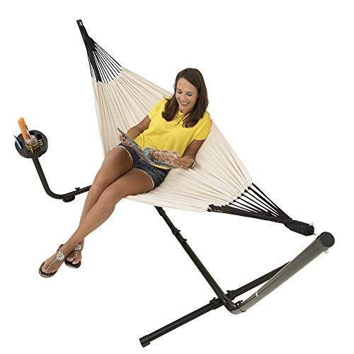 Mujer en Hamaca con Soporte para 2 Personas con Estante para Colocar Vasos. Soporta hasta 205 kg . 241 x 160 cm. con Funda de Transporte (Beige). VITA5