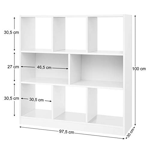 Medidas de Librería de Madera Blanca con Cubos y estantes Abiertos para Libros en Sala de Estar, Dormitorio y Oficina, LBC52WT. VASAGLE