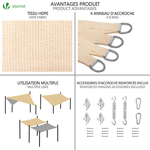 Características del Toldo Vela 2,5 x 3 m, con Kits de Montaje, Protección UV y HDPE Transpirable, Beige. VOUNOT