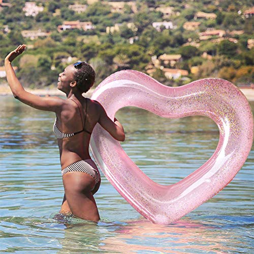 Flotador Hinchable Corazón Rosa con purpurina para Adultos en playa y Piscina de 47X47X6inch WLZP