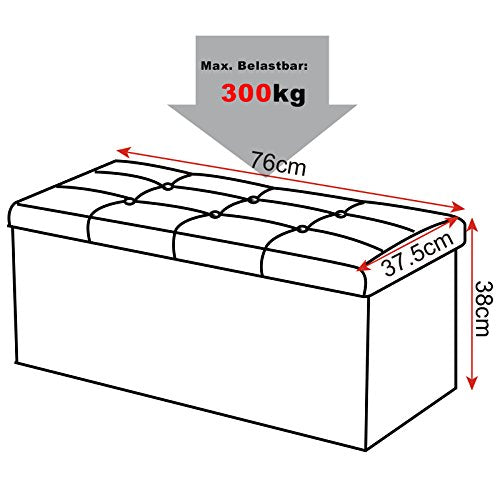 Medidas y peso soportado en la banqueta Reposapiés Plegable con Caja de Almacenaje Acolchada tapizado en Piel Sintética hasta 300 kg, 76 x 37,5 x 38 cm, Blanco, SH16ws. # 836. WOLTU®