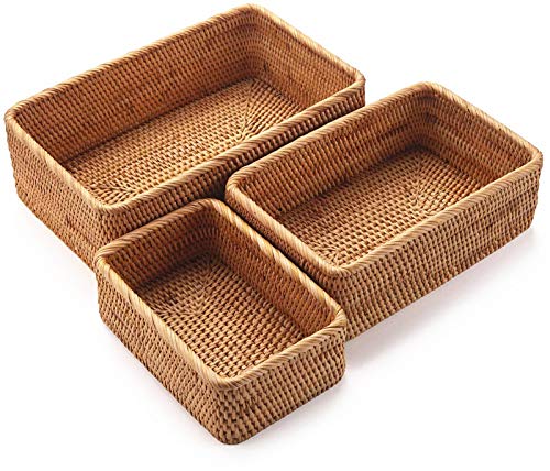3 Cestas Tejidas Mimbre Natural para Frutas. Vista general. Yangqihome