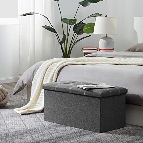 Banco pie de Cama Banco Almacenaje Otomana Baules Almacenaje Imitación de Lino Plegable 76x38x38CM Gris. YOUDENOVA. Detalle pie de cama en habitación