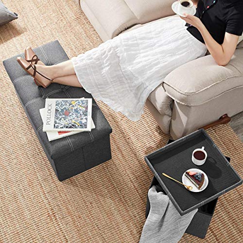 Banco pie de Cama Banco Almacenaje Otomana Baules Almacenaje Imitación de Lino Plegable 76x38x38CM Gris. YOUDENOVA. Detalle ambiente reposapies