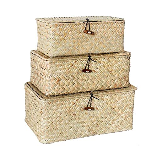 Juego de 3 Cestas de Almacenamiento de Ratán Tejido de Fibras Marinas, con Tapa Para Ropa, Maquillaje y Estantes. YSGLIFE