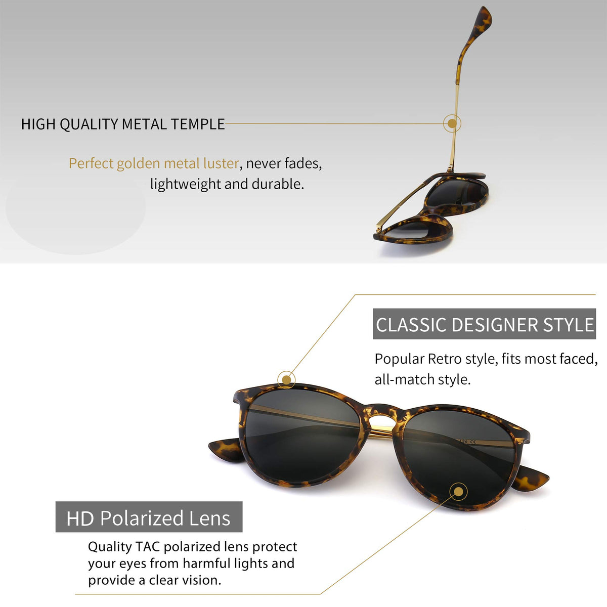 Características de las gafas de sol de estilo retro con montura anaranjada sobre fondo blanco 