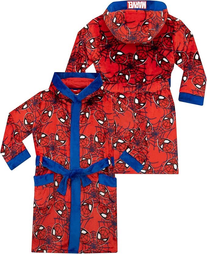 Detalle por delante y por detrás de bata de Spiderman infantil con licencia oficial para estar calentito o para salir del baño