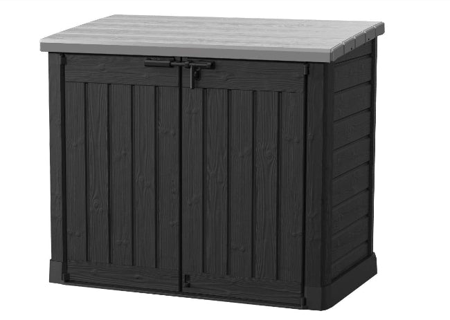 Cobertizo Keter Store It Out MAX de 1200 litros Color negro y tapa gris sobre fondo blanco