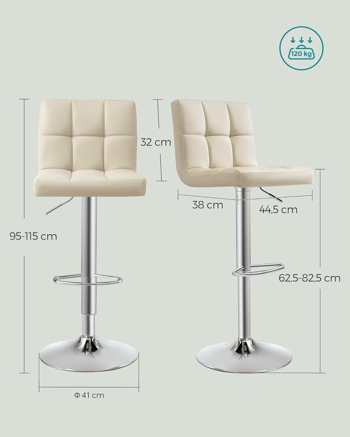 2 Taburetes beige altos de cocina con respaldo y Reposapiés, Regulables en Altura en Piel Sintética, Giratorio 360°, Acero Cromado. Detalle de medidas  SONGMICS 