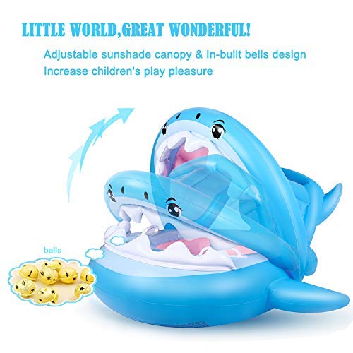 Parasol ajustable en altura del Flotador para Bebé de 6-36 Meses con Sombrilla Ajustable para Piscina con diseño de tiburón de Flyboo