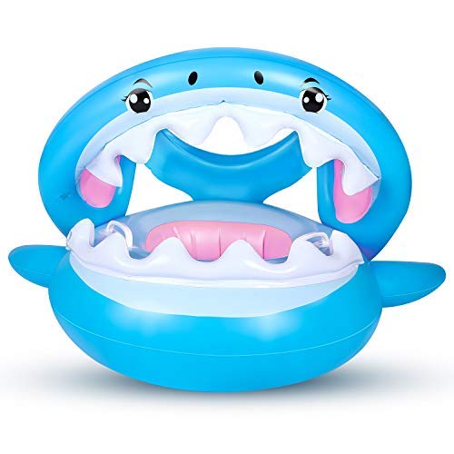 Vista frontal del Flotador para Bebé de 6-36 Meses con Sombrilla Ajustable para Piscina con diseño de tiburón de Flyboo