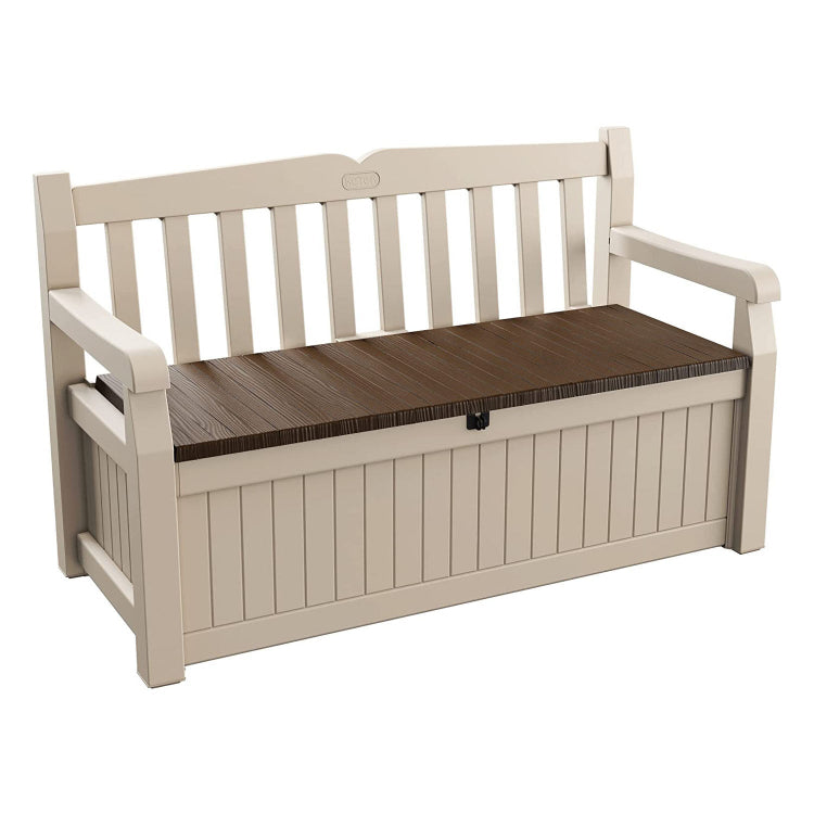 Banco Arcón Exterior Eden Garden Bench, Capacidad 265 litros, Color Marrón y Beige. Keter