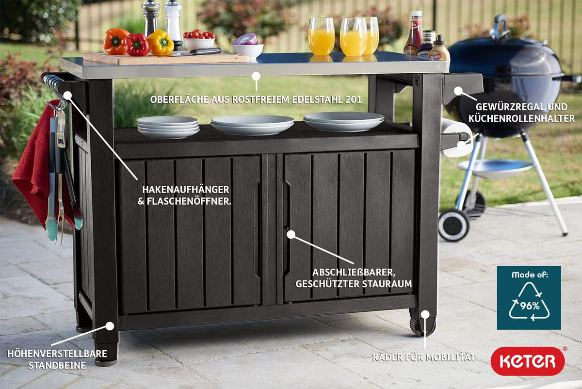 Detalles del Mueble auxiliar para Barbacoa grande para jardín, Color marrón. Unity XL de Keter
