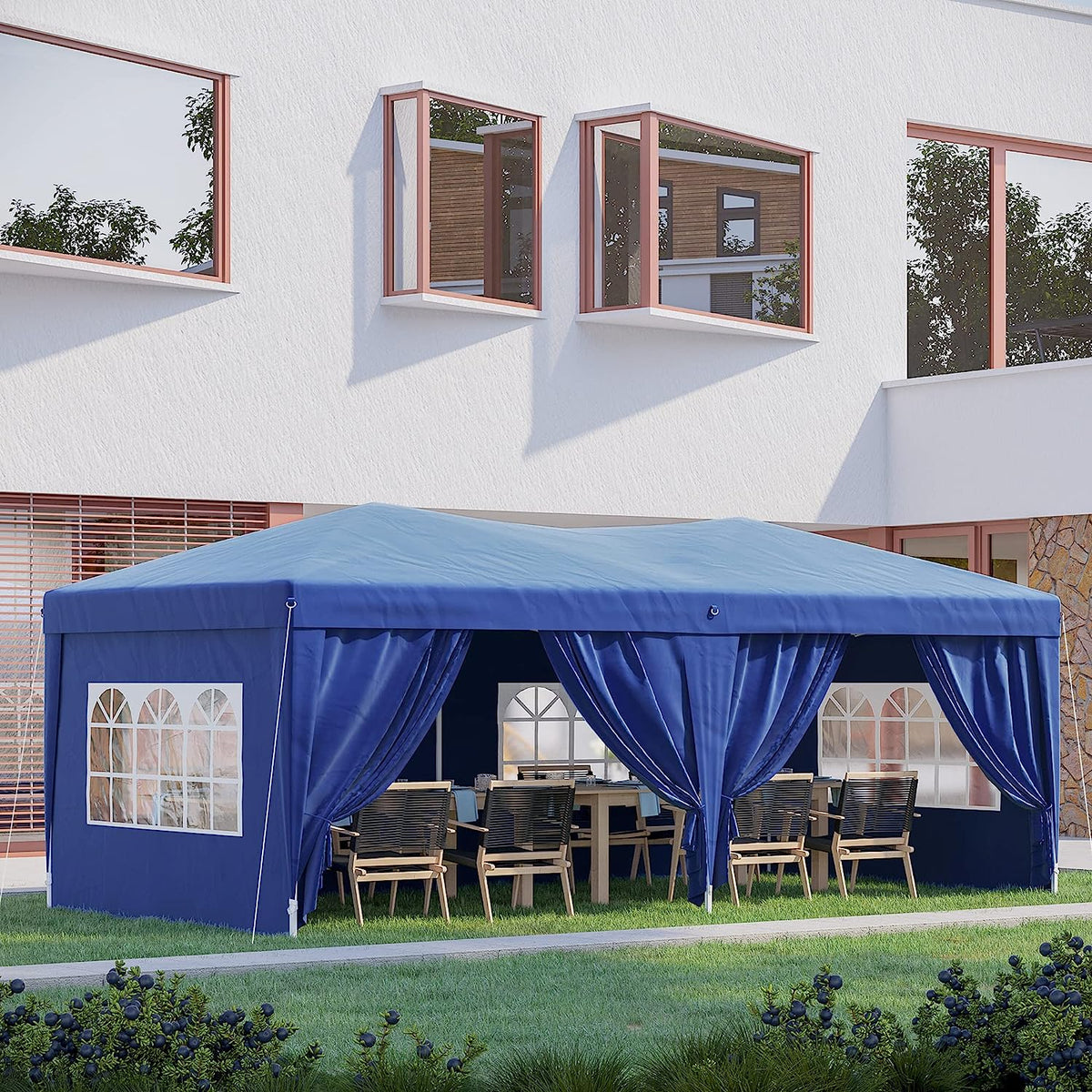Carpa Plegable en Acordeón 4 Paneles Laterales 2 Cortinas +Bolsa Transporte 6x3 m Azul. Vista en jardín. Outsunny