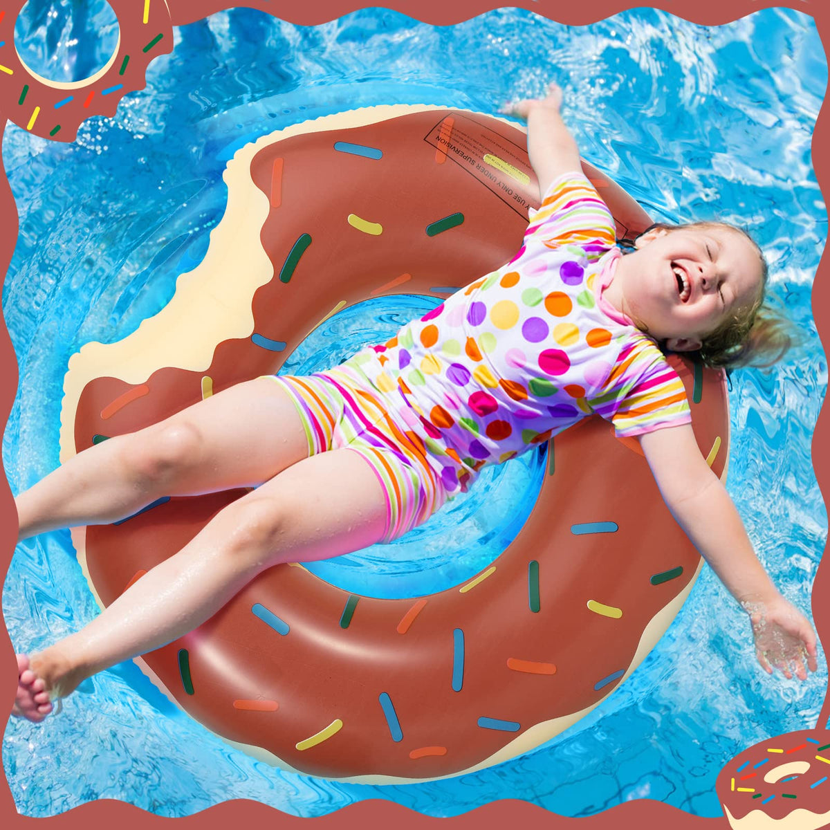 Flotador Infantil color chocolate con diseño de donut mordido con niña en piscina en vista cenital