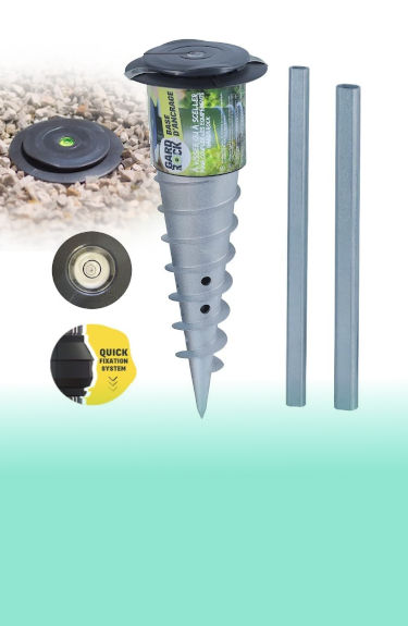 Pincho tipo tornillo de metal para sombrilla de playa, tendederos, etc con tapón Gardand sobre fondo blanco y verde