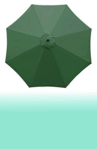 Lona de recambio de parasol verde mostrada abierta 3x3 m y 8 varillas sobre fondo blanco y verde