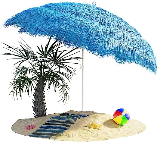 Sombrilla de Playa Hawaiana Ø 160cm Inclinable de Rafia o paja Color Azul. Kingsleeve