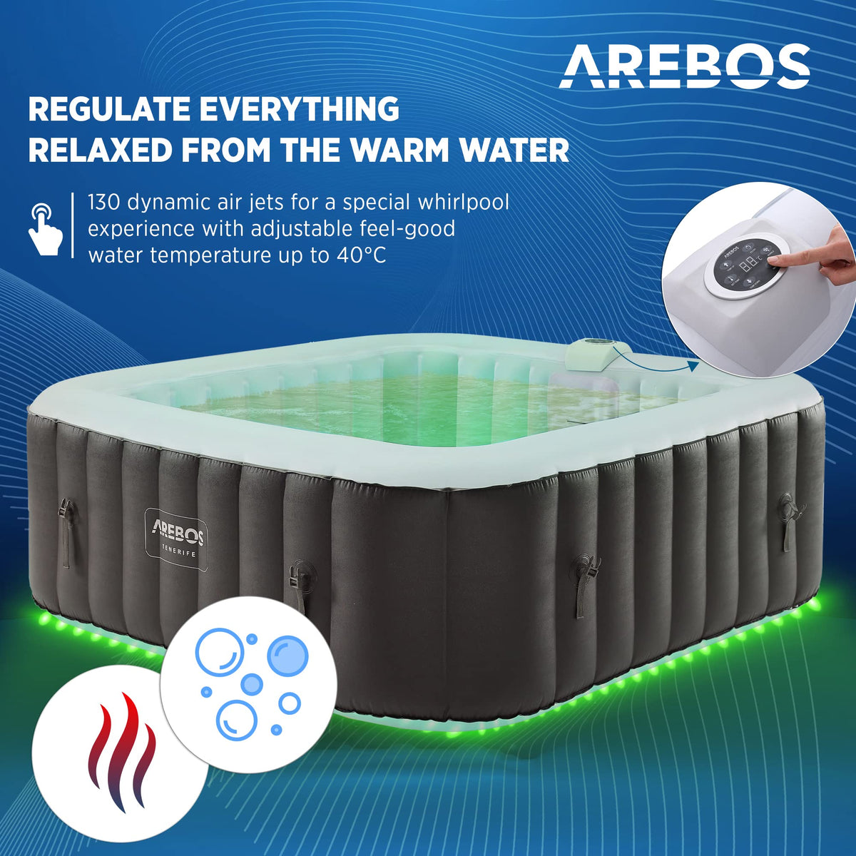 Características y detalle de teclado de funciones del SPA Hinchable Whirlpool de 185x185cm con Luz LED Arebos sobre fondo azul