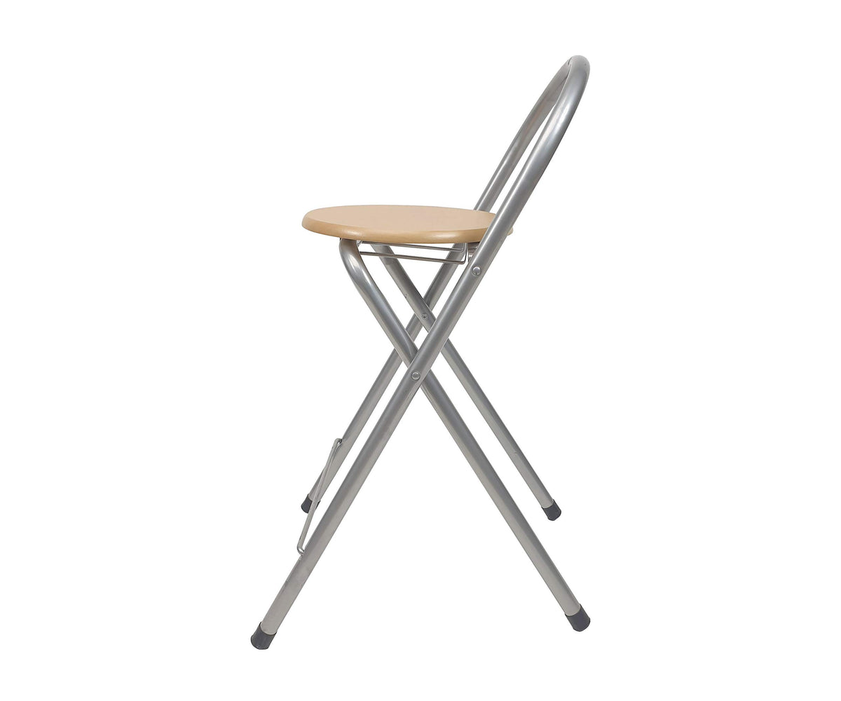 Vista de perfil del taburete plegable de estructura metálica y asiento de madera Bolata sobre fondo blanco