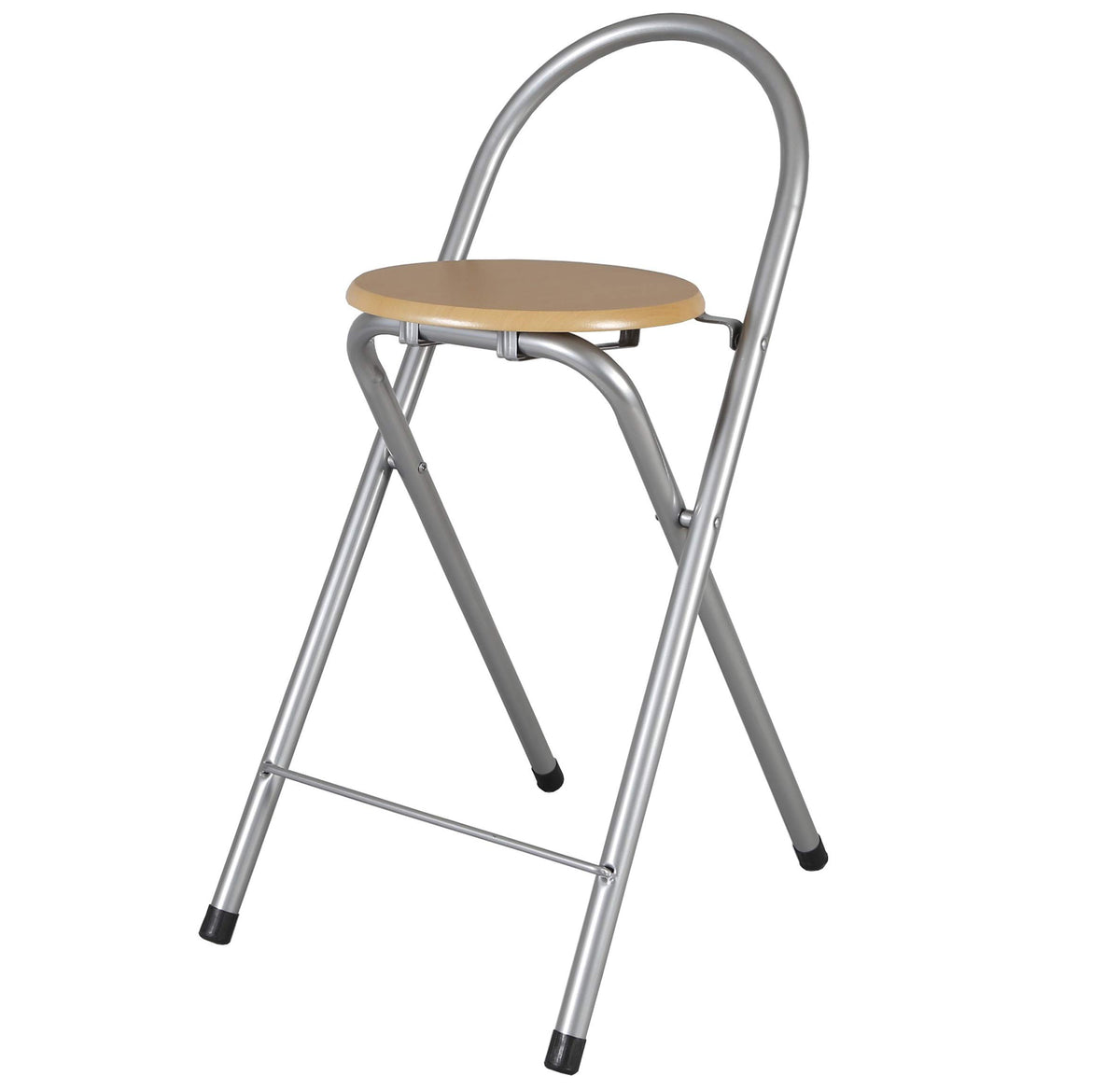 Taburete plegable de estructura metálica y asiento de madera Bolata sobre fondo blanco
