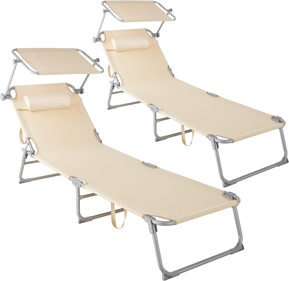 Set 2 Tumbonas de Playa con Parasol, Respaldo Ajustable 4 Posiciones, Reposacabezas Extraíble, Exterior Piscina Terraza Jardín Beige | TecTake