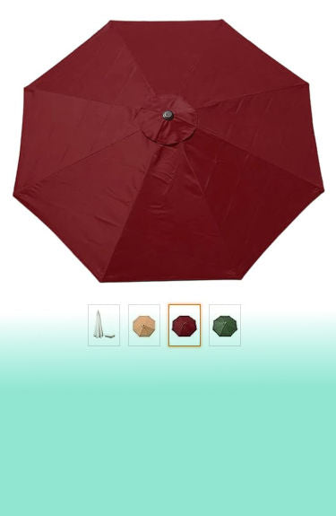 Lona de repuesto granate para parasol octogonal mostrada abierta para sombrillas granate disponibles sobre fondo blanco y degradado verde