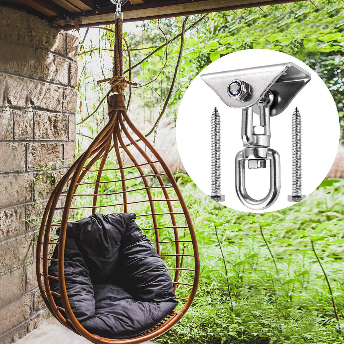Bonita silla colgante en patio con jardín sujeta con los Ganchos de Techo hasta 500 Kg, SUS304 Stainless Steel, 360° Rotación Anclaje de Techo, 4 Tornillos para Hormigón, Hamaca y Columpios. Ulikey
